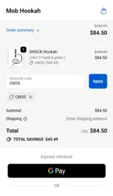 Mob Hookah coupon verification screenshot