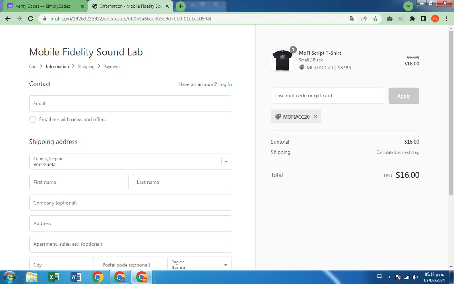 Mobile Fidelity Sound Lab checkout page showing Mobile Fidelity Sound Lab coupon code box | Screenshot taken by SimplyCodes community member on Mar 7, 2024