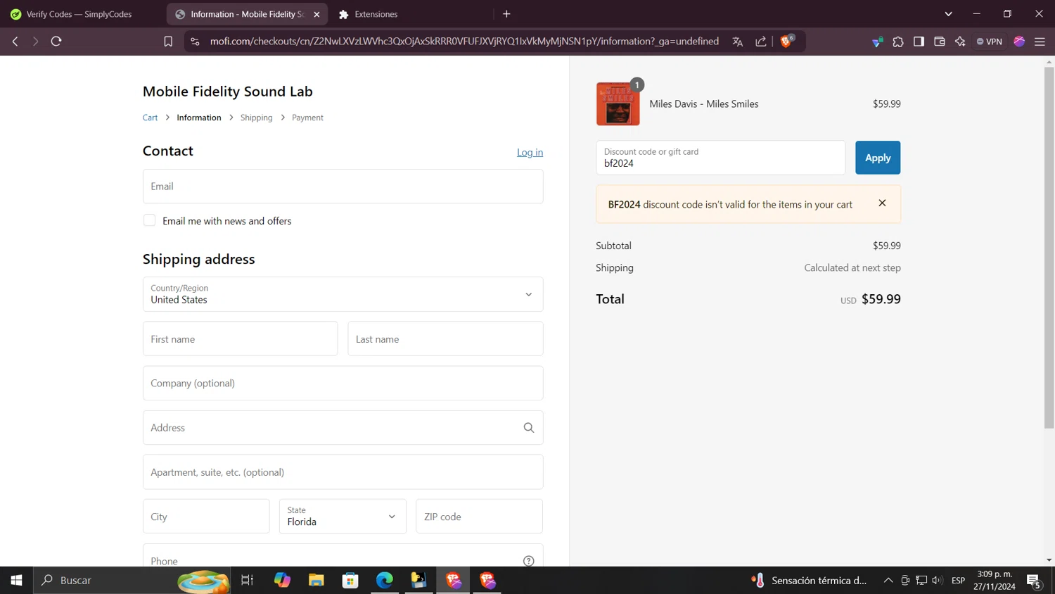 Mobile Fidelity Sound Lab checkout page showing Mobile Fidelity Sound Lab coupon code box | Screenshot taken by SimplyCodes community member on Nov 27, 2024