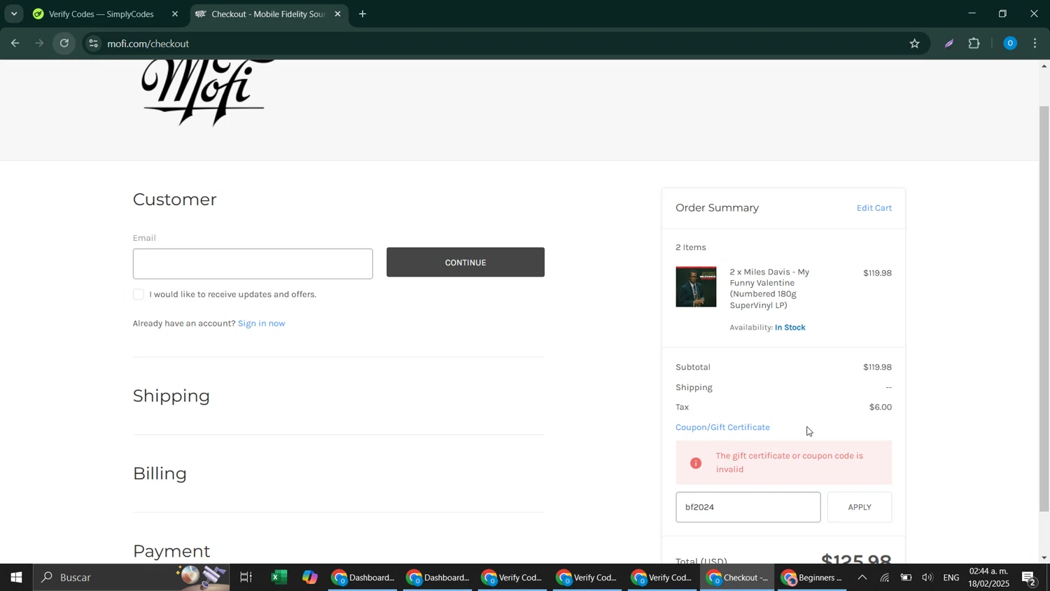 Mobile Fidelity Sound Lab coupon code screenshot showing code bf2024 applied at Mobile Fidelity Sound Lab checkout page. Uploaded by SimplyCodes community member CodeScholar4340 on Feb 18, 2025