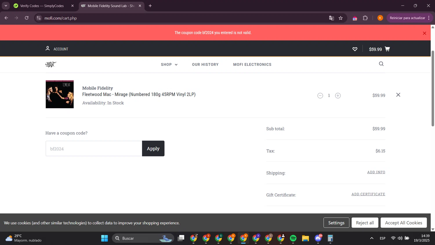 Mobile Fidelity Sound Lab coupon code screenshot showing code bf2024 applied at Mobile Fidelity Sound Lab checkout page. Uploaded by SimplyCodes community member davidsalazar on Mar 19, 2025