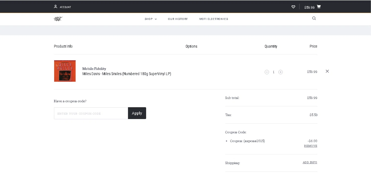 Mobile Fidelity Sound Lab checkout page showing Mobile Fidelity Sound Lab coupon code box | Screenshot taken by SimplyCodes community member on Apr 10, 2025