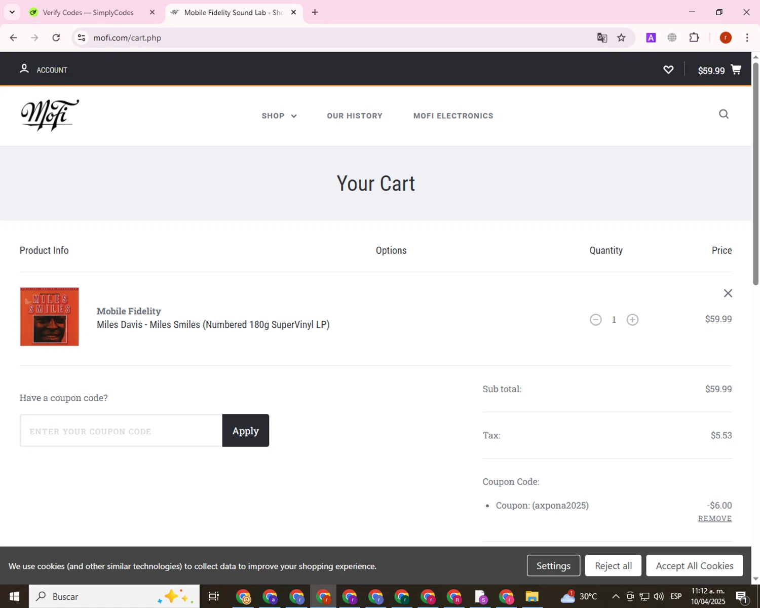 Mobile Fidelity Sound Lab checkout page showing Mobile Fidelity Sound Lab coupon code box | Screenshot taken by SimplyCodes community member on Apr 10, 2025
