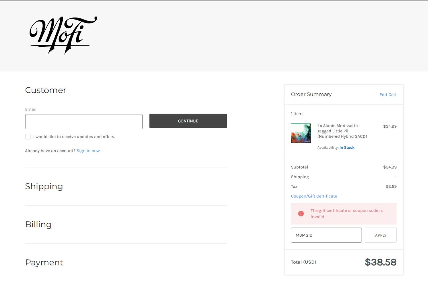 Mobile Fidelity Sound Lab coupon code screenshot showing code MSMS10 applied at Mobile Fidelity Sound Lab checkout page. Uploaded by SimplyCodes community member GoldPhoenix3793 on Sep 26, 2025