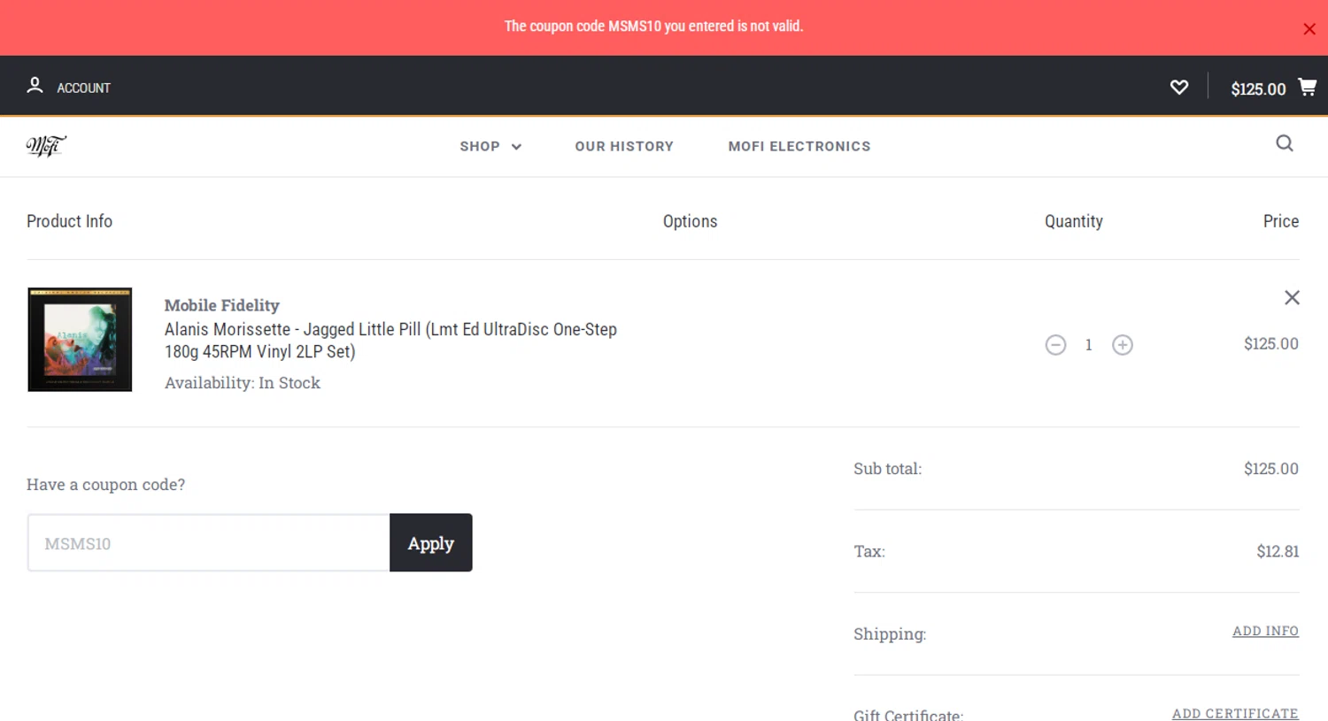 Mobile Fidelity Sound Lab coupon code screenshot showing code MSMS10 applied at Mobile Fidelity Sound Lab checkout page. Uploaded by SimplyCodes community member Gonzalez010203 on Sep 26, 2025