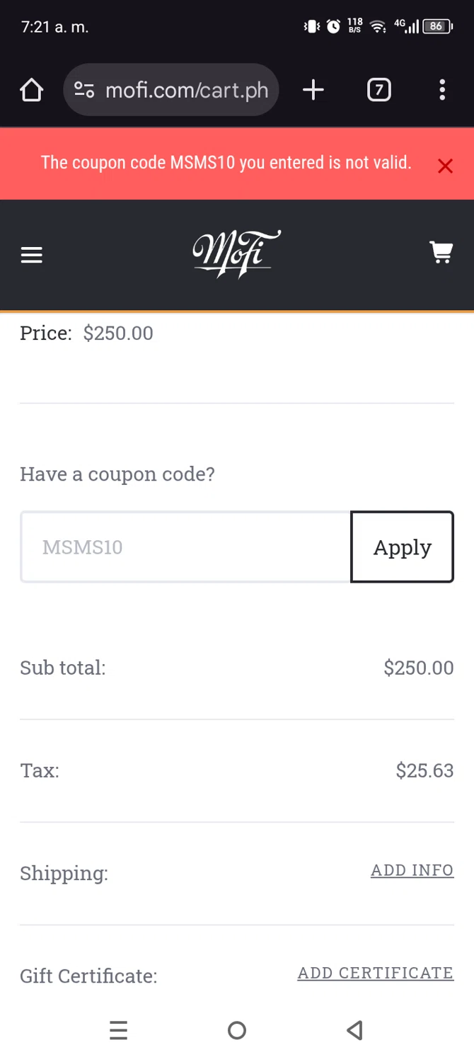 Mobile Fidelity Sound Lab coupon code screenshot showing code MSMS10 applied at Mobile Fidelity Sound Lab checkout page. Uploaded by SimplyCodes community member coder_luis on Sep 26, 2025