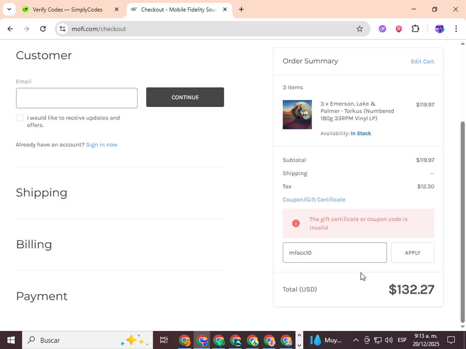 Mobile Fidelity Sound Lab coupon code screenshot showing code mfacc10 applied at Mobile Fidelity Sound Lab checkout page. Uploaded by SimplyCodes community member ingric on Dec 20, 2025