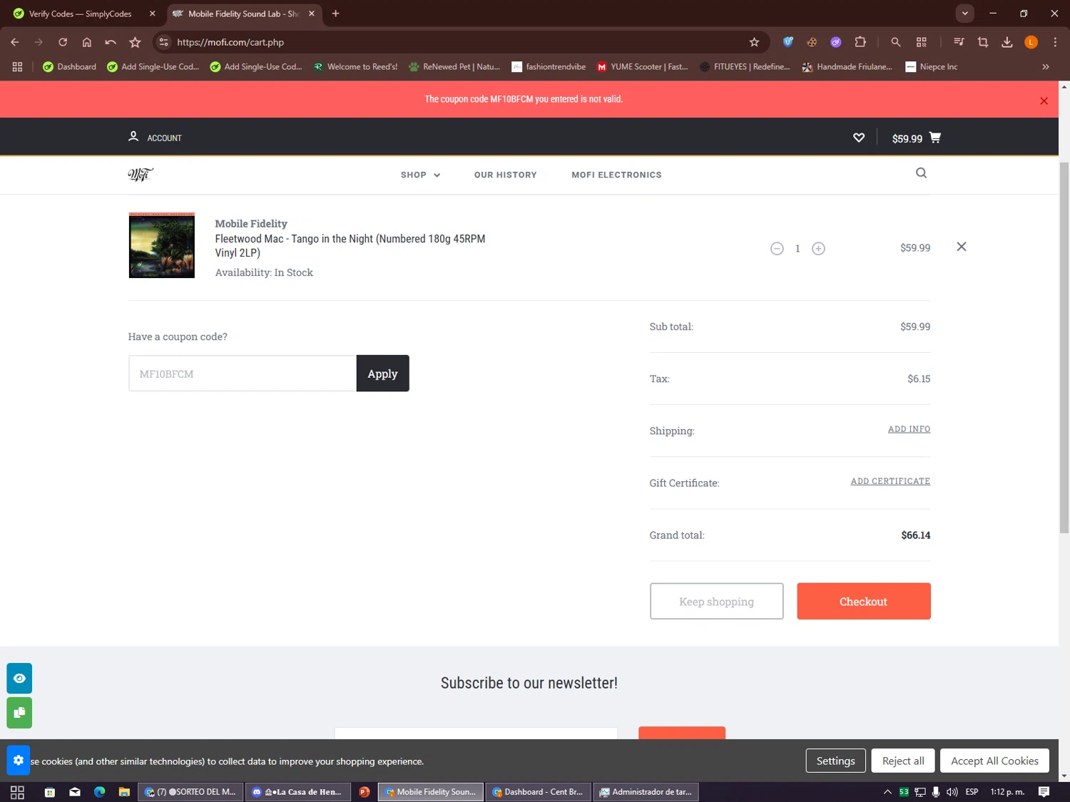Mobile Fidelity Sound Lab coupon code screenshot showing code MF10BFCM applied at Mobile Fidelity Sound Lab checkout page. Uploaded by SimplyCodes community member Alalee on Dec 5, 2025