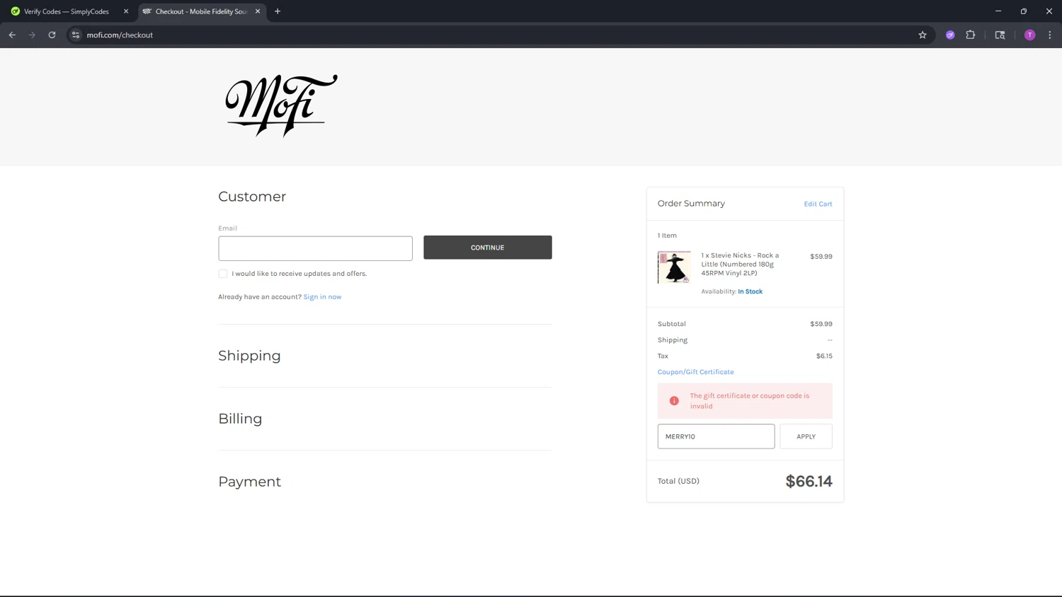 Mobile Fidelity Sound Lab coupon code screenshot showing code MERRY10 applied at Mobile Fidelity Sound Lab checkout page. Uploaded by SimplyCodes community member CleverFinder9623 on Jan 21, 2026
