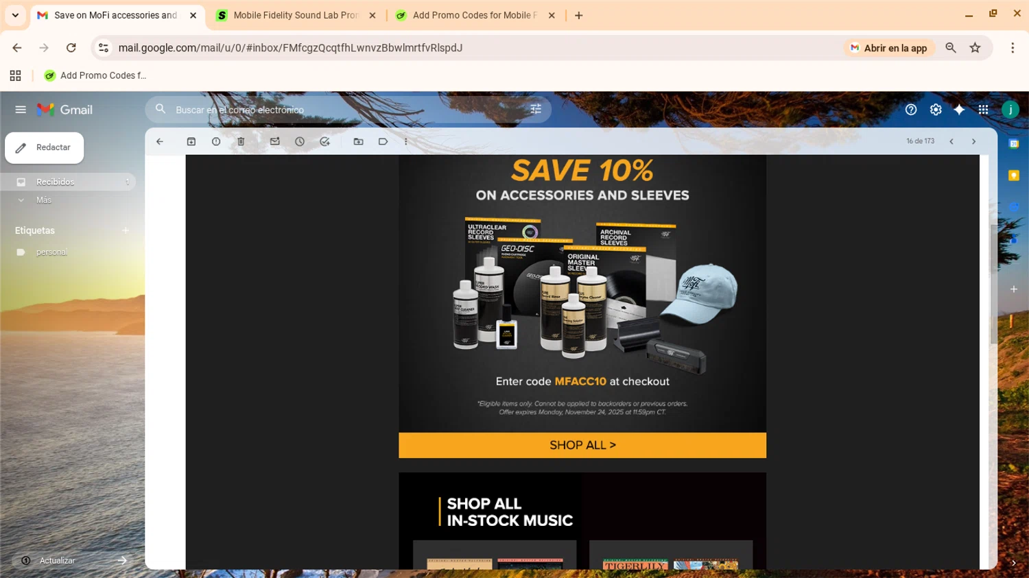 Mobile Fidelity Sound Lab coupon code screenshot showing code mfacc10 applied at Mobile Fidelity Sound Lab checkout page. Uploaded by SimplyCodes community member yennifergonzalez on Nov 21, 2025