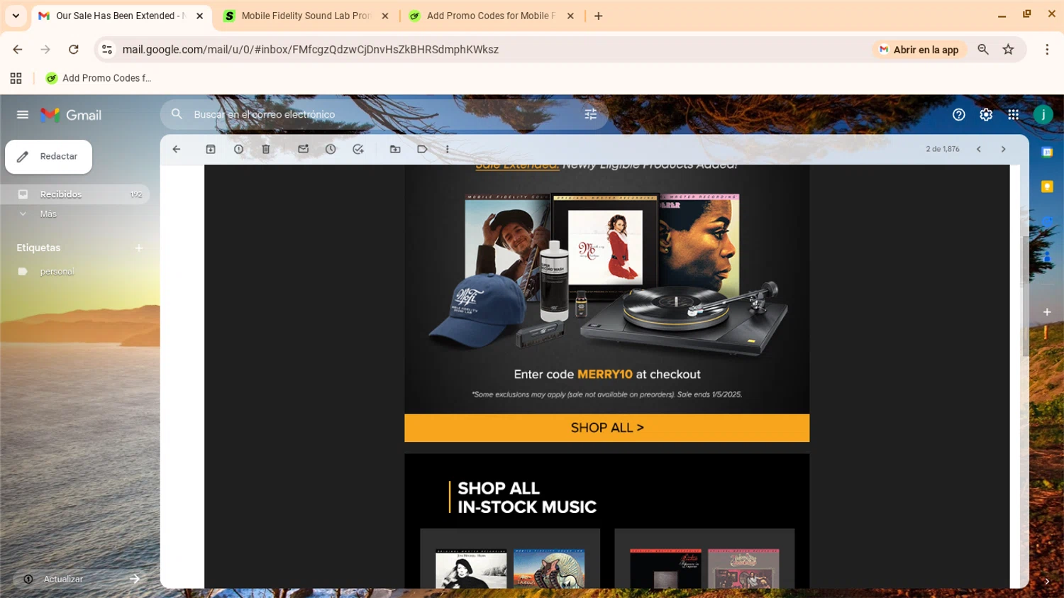 Mobile Fidelity Sound Lab coupon code screenshot showing code MERRY10 applied at Mobile Fidelity Sound Lab checkout page. Uploaded by SimplyCodes community member yennifergonzalez on Dec 27, 2025