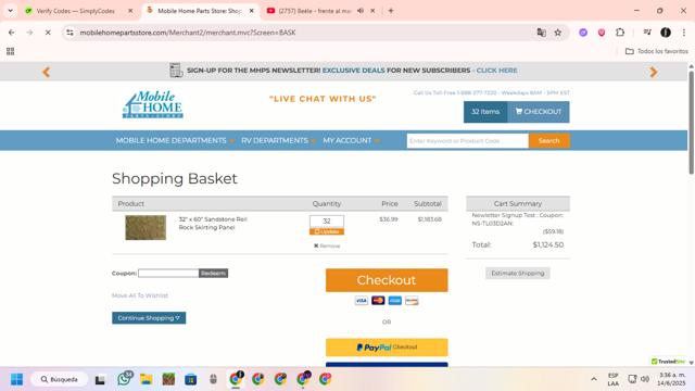 Mobile Home Parts Store checkout page showing Mobile Home Parts Store coupon code box | Screenshot taken by SimplyCodes community member on Jun 14, 2025