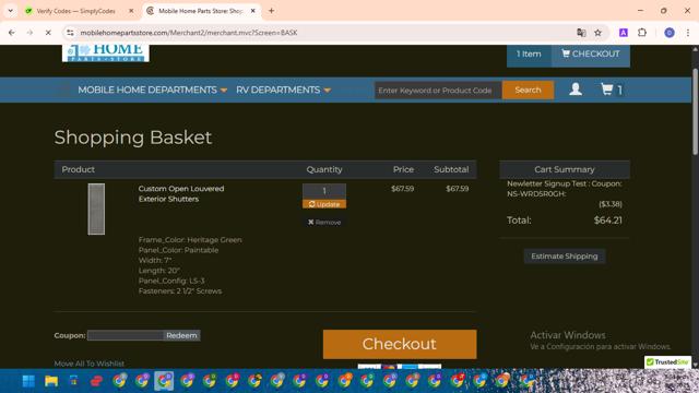 Mobile Home Parts Store checkout page showing Mobile Home Parts Store coupon code box | Screenshot taken by SimplyCodes community member on May 8, 2025