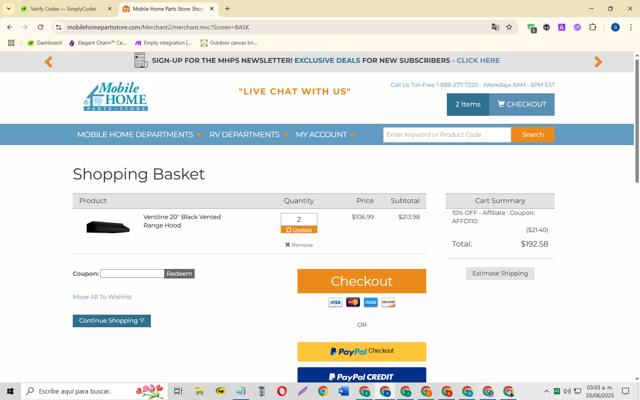Mobile Home Parts Store checkout page showing Mobile Home Parts Store coupon code box | Screenshot taken by SimplyCodes community member on Jun 20, 2025