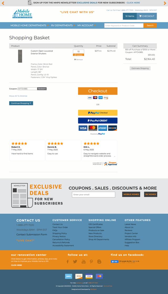 Mobile Home Parts Store checkout page showing Mobile Home Parts Store coupon code box | Screenshot taken by SimplyCodes community member on May 8, 2025