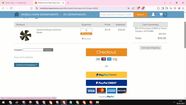 Mobile Home Parts Store checkout page showing Mobile Home Parts Store coupon code box | Screenshot taken by SimplyCodes community member on May 8, 2025