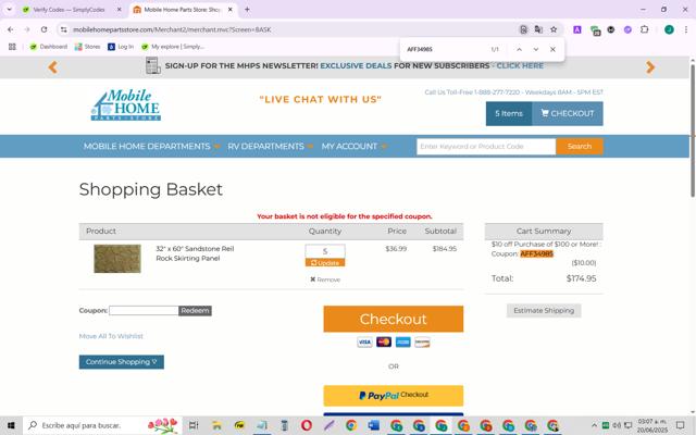 Mobile Home Parts Store checkout page showing Mobile Home Parts Store coupon code box | Screenshot taken by SimplyCodes community member on Jun 20, 2025