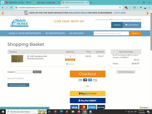 Mobile Home Parts Store checkout page showing Mobile Home Parts Store coupon code box | Screenshot taken by SimplyCodes community member on Jun 17, 2025