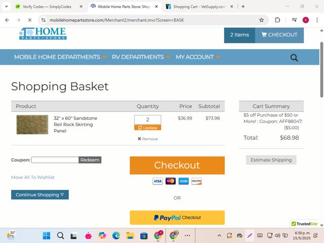 Mobile Home Parts Store checkout page showing Mobile Home Parts Store coupon code box | Screenshot taken by SimplyCodes community member on May 15, 2025