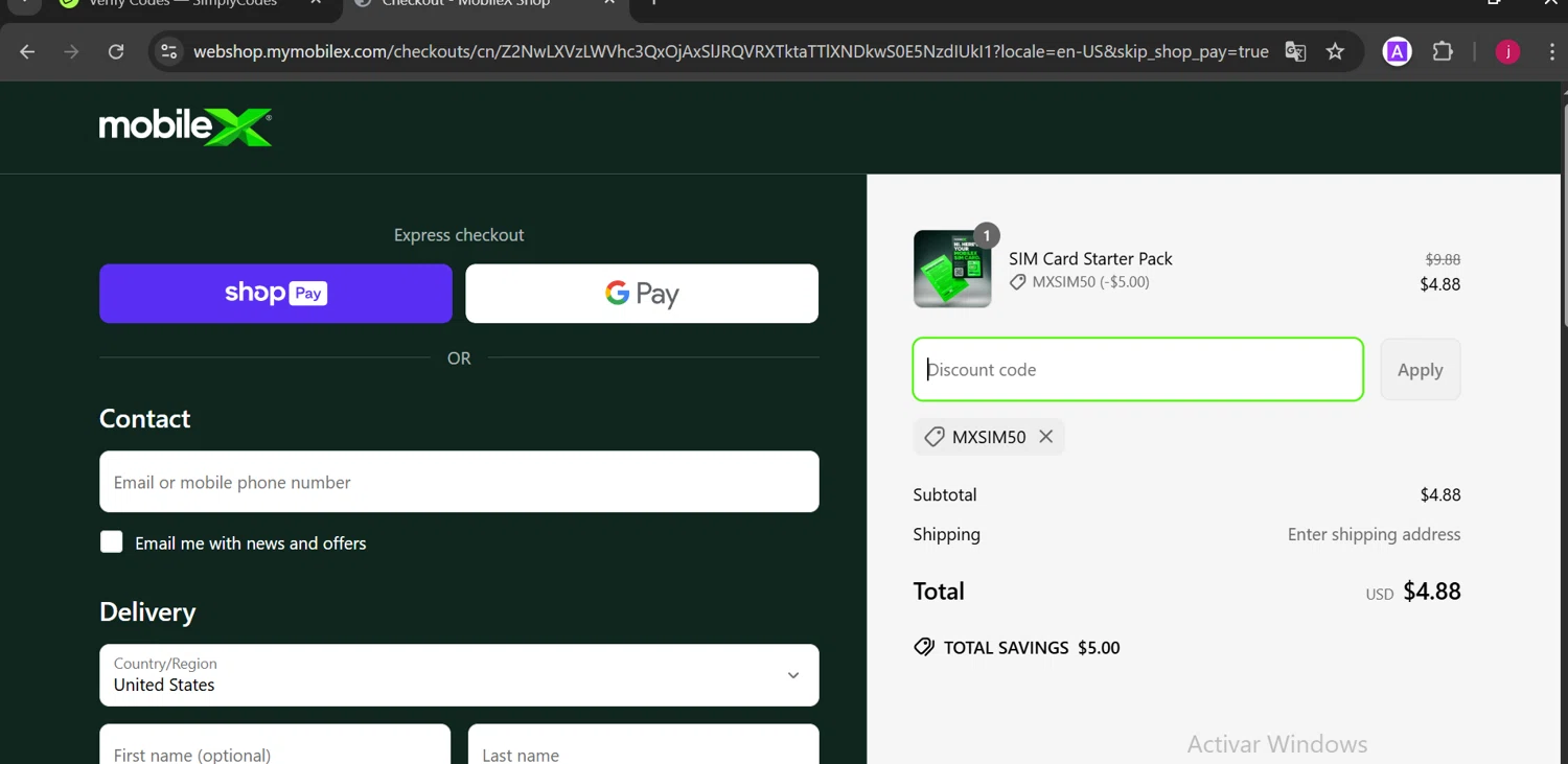 MobileX promo code screenshot showing code MXSIM50 applied at MobileX checkout page. Uploaded by SimplyCodes community member DiaCritics on Apr 13, 2025