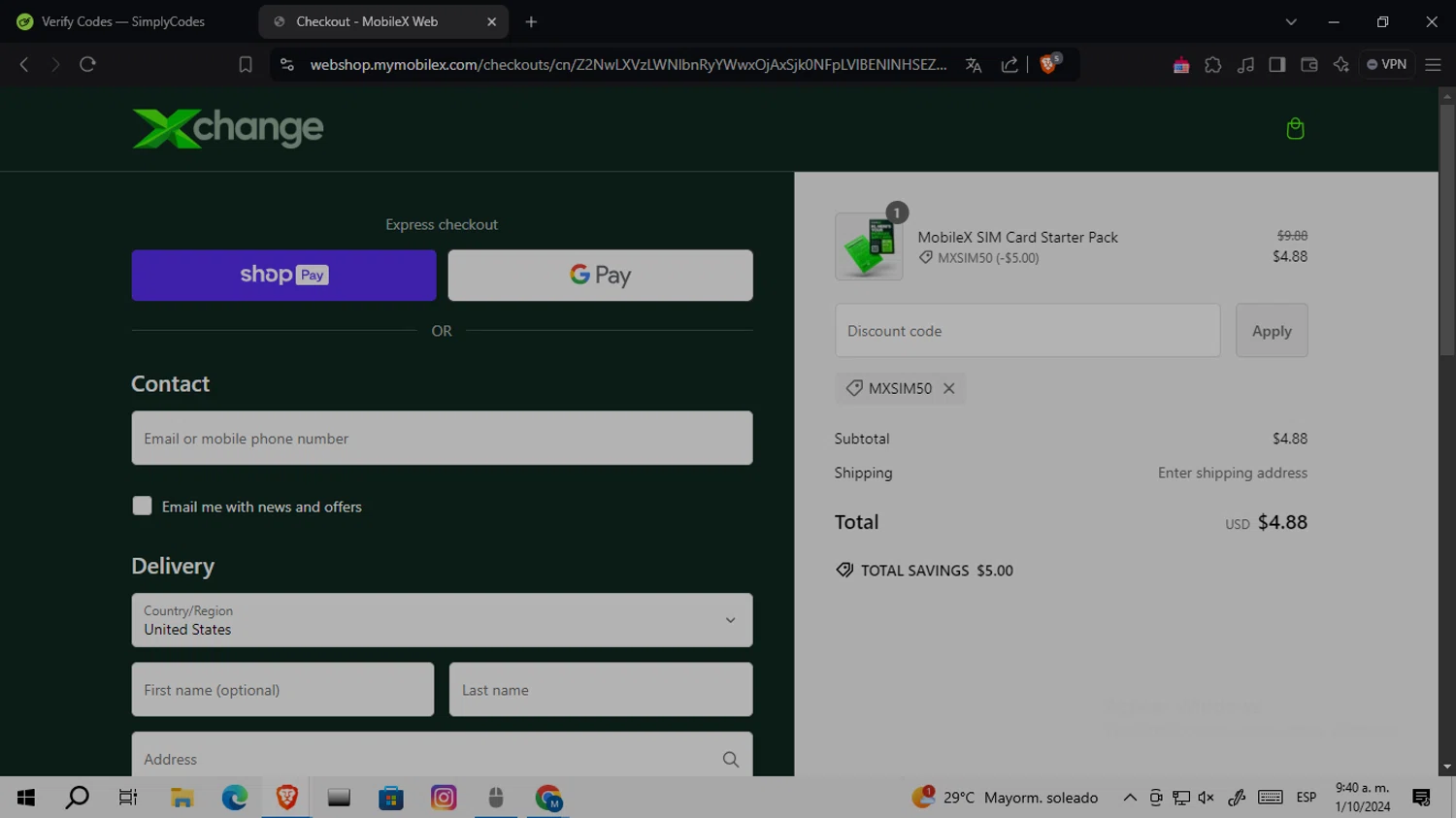 MobileX checkout page showing MobileX promo code box | Screenshot taken by SimplyCodes community member on Oct 1, 2024