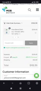 MOB Peptides LLC coupon verification screenshot