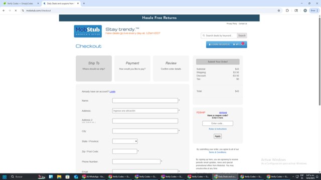 Mobstub checkout page showing Mobstub discount code box | Screenshot taken by SimplyCodes community member on Jun 14, 2025