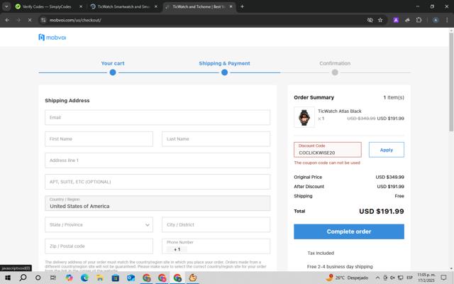 Mobvoi checkout page showing Mobvoi promo code box | Screenshot taken by SimplyCodes community member on Feb 18, 2025