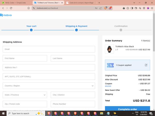 Mobvoi checkout page showing Mobvoi promo code box | Screenshot taken by SimplyCodes community member on Feb 21, 2025