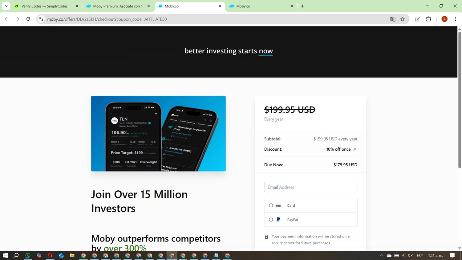 Moby.co promo code screenshot showing code FIRSTTIME applied at Moby.co checkout page. Uploaded by SimplyCodes community member FundoKadmiel on Aug 20, 2025