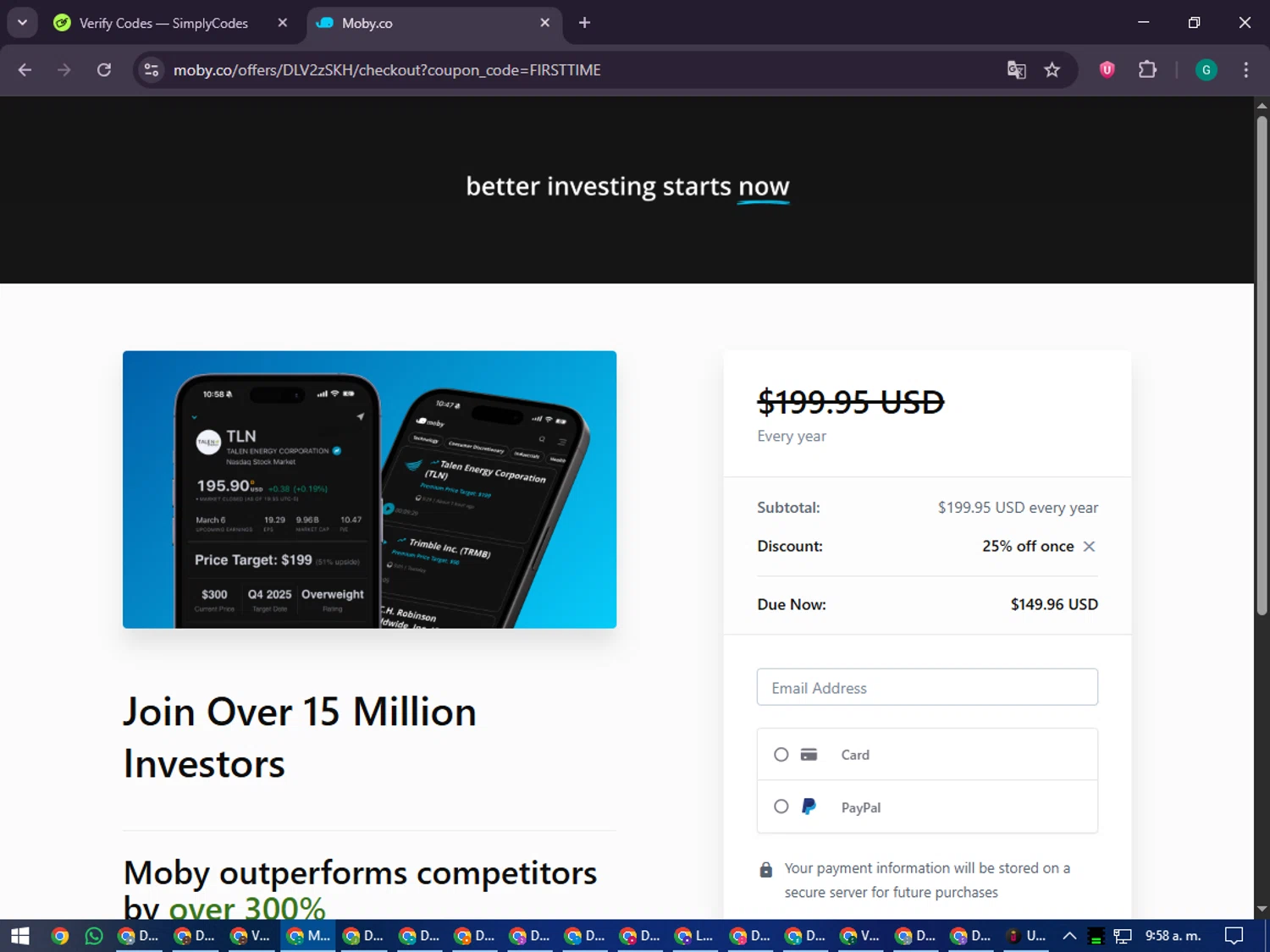 Moby.co promo code screenshot showing code MOBY25 applied at Moby.co checkout page. Uploaded by SimplyCodes community member PennyFinder5759 on Sep 18, 2025