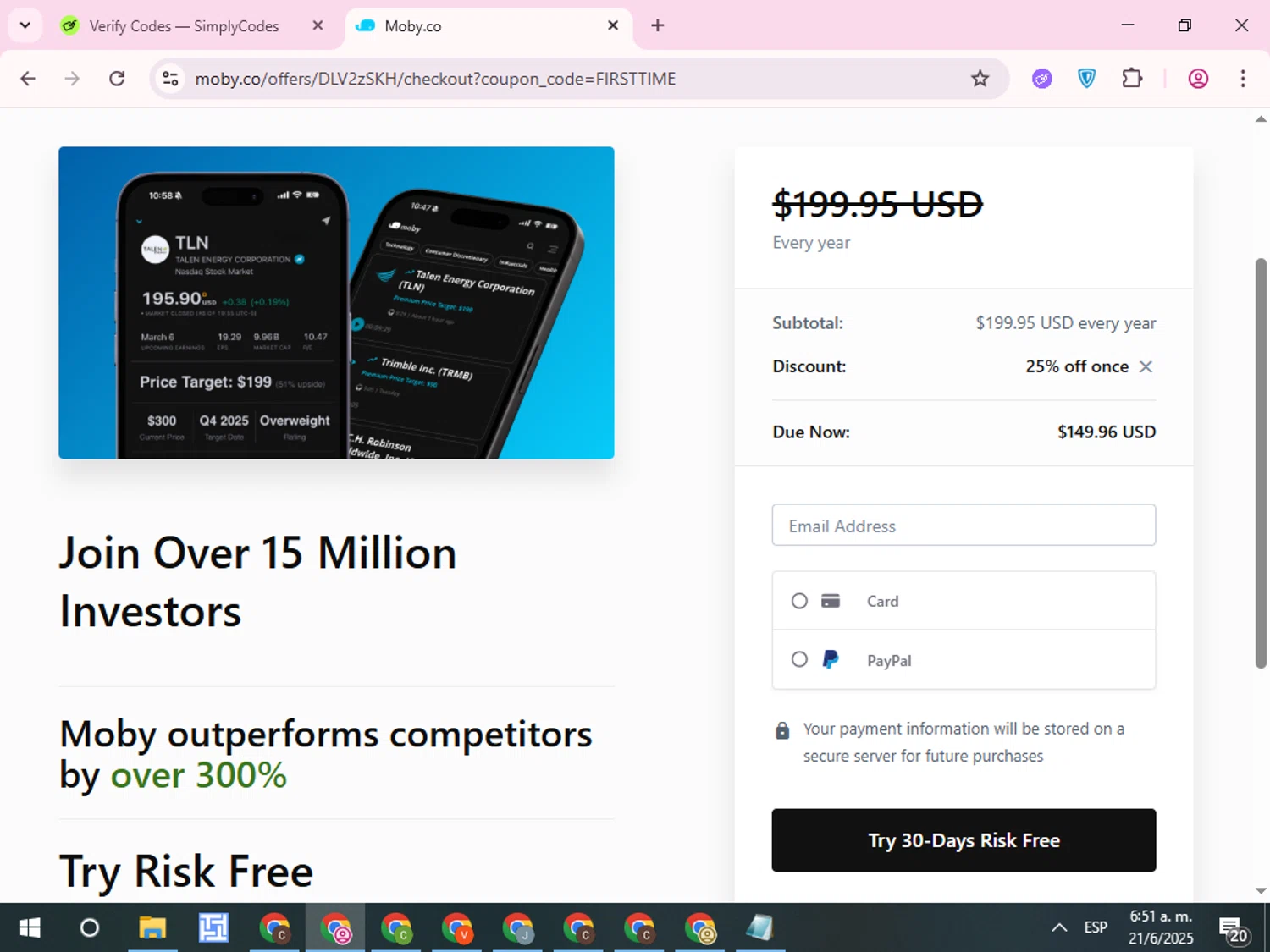 Moby.co promo code screenshot showing code MOBY25 applied at Moby.co checkout page. Uploaded by SimplyCodes community member QuestCurator1644 on Jun 21, 2025