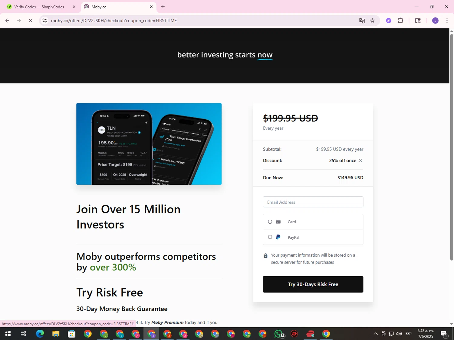 Moby.co promo code screenshot showing code MOBY25 applied at Moby.co checkout page. Uploaded by SimplyCodes community member ValueHero2277 on Jun 7, 2025