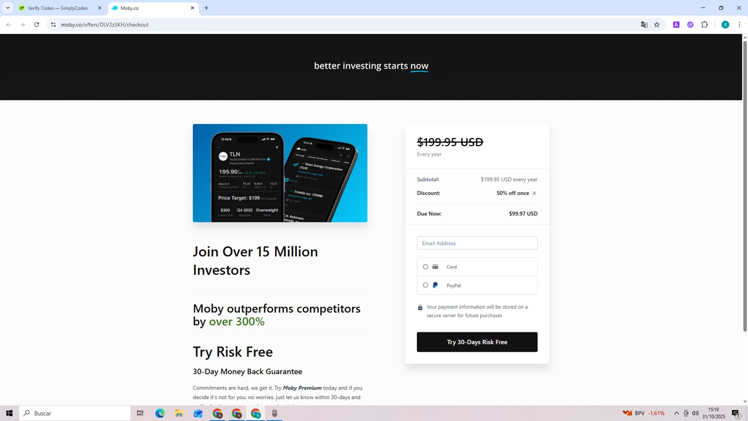 Moby.co promo code screenshot showing code AFFILIATE50 applied at Moby.co checkout page. Uploaded by SimplyCodes community member ShieldExpert3365 on Oct 31, 2025