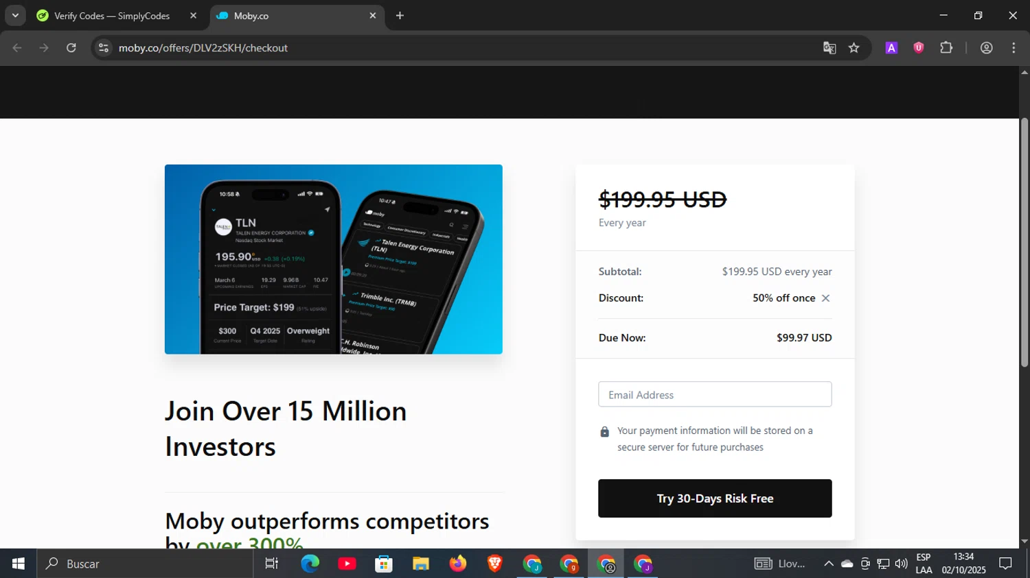 Moby.co promo code screenshot showing code AFFILIATE50 applied at Moby.co checkout page. Uploaded by SimplyCodes community member underwater on Oct 2, 2025