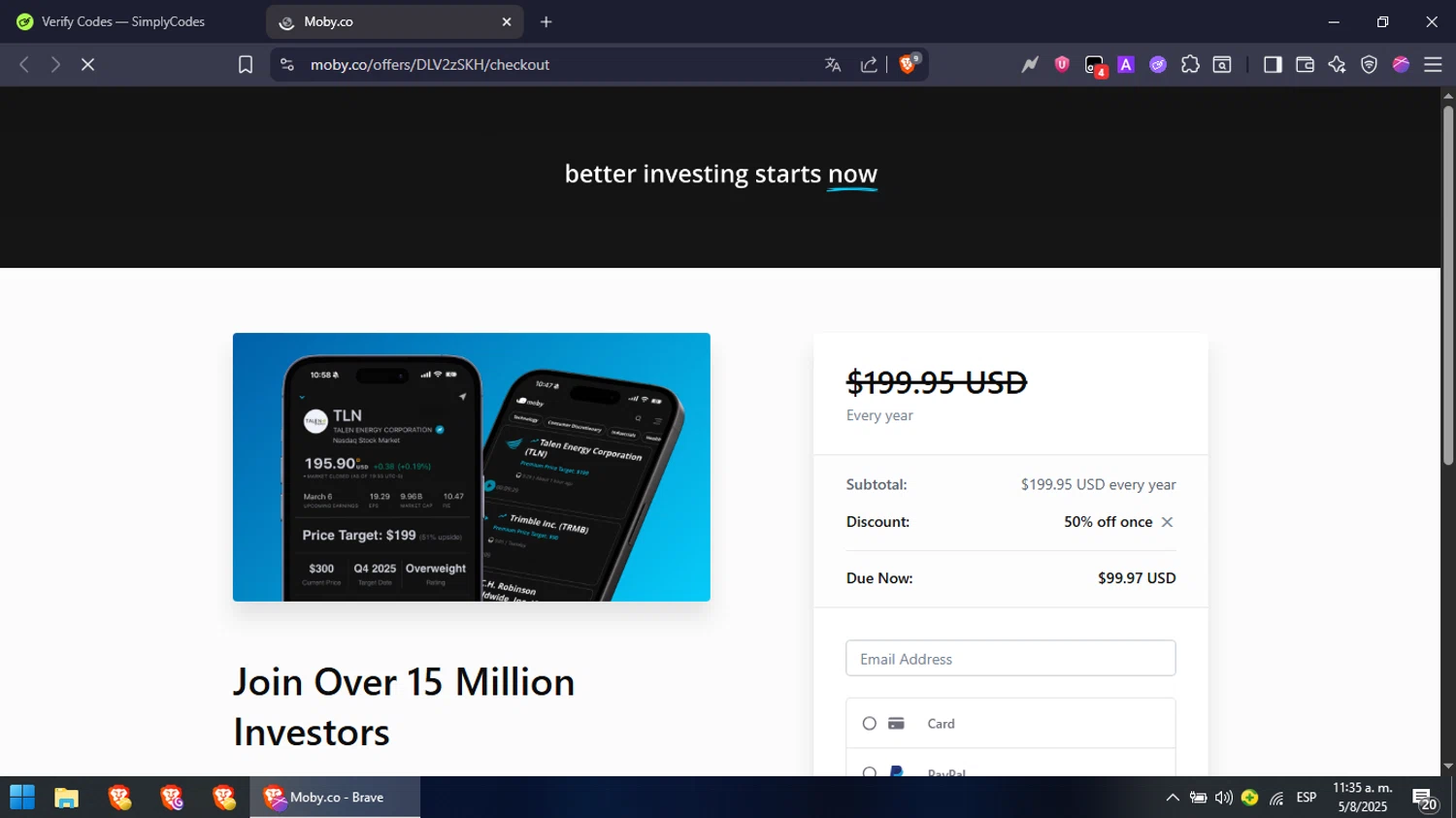 Moby.co promo code screenshot showing code PILOT applied at Moby.co checkout page. Uploaded by SimplyCodes community member NobleFox488 on Aug 5, 2025