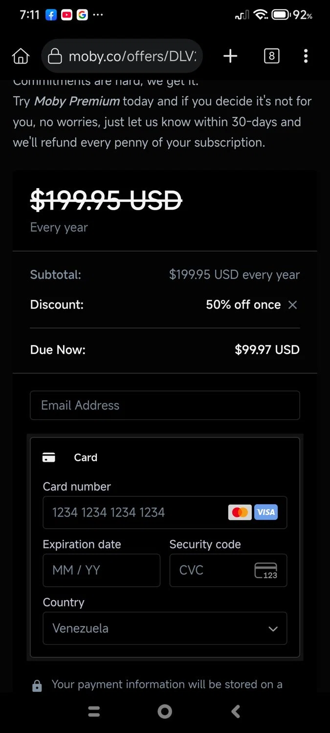 Moby.co promo code screenshot showing code 50 applied at Moby.co checkout page. Uploaded by SimplyCodes community member cuenta03 on Oct 17, 2025