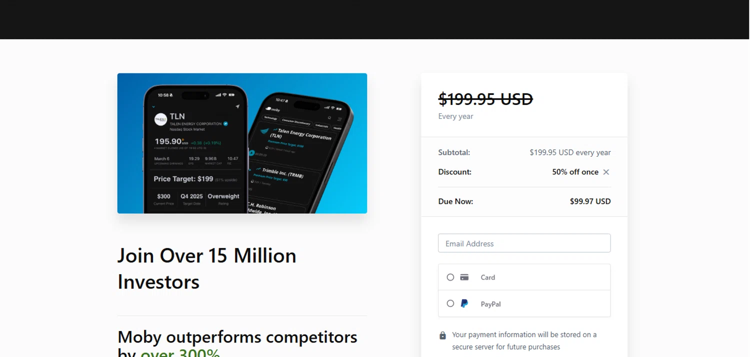 Moby.co promo code screenshot showing code 50 applied at Moby.co checkout page. Uploaded by SimplyCodes community member MagnificentAdmiral9096 on Aug 2, 2025