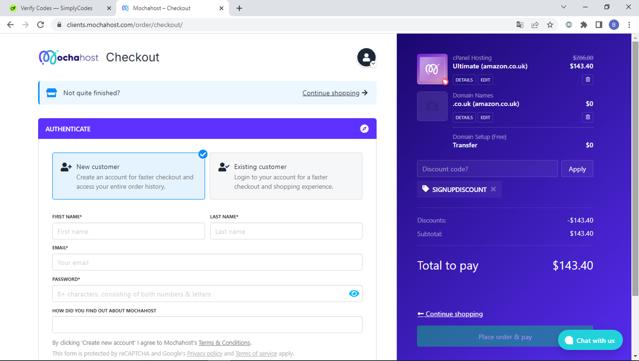 MochaHost checkout page showing MochaHost promo code box | Screenshot taken by SimplyCodes community member on Nov 2, 2024