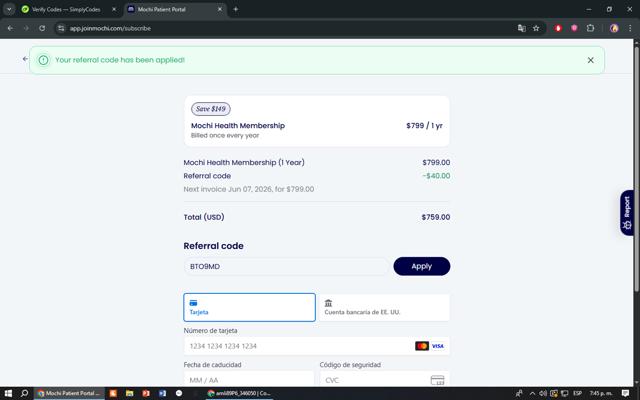 Mochi Health checkout page showing Mochi Health coupon code box | Screenshot taken by SimplyCodes community member on Jun 7, 2025