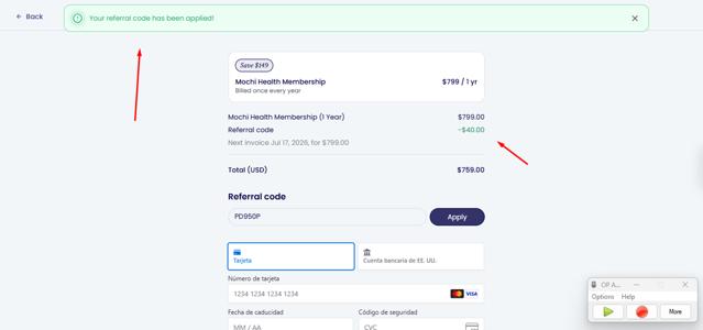 Mochi Health checkout page showing Mochi Health coupon code box | Screenshot taken by SimplyCodes community member on Jul 18, 2025