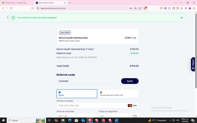 Mochi Health checkout page showing Mochi Health coupon code box | Screenshot taken by SimplyCodes community member on Jun 7, 2025