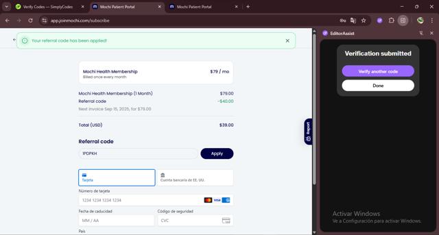 Mochi Health checkout page showing Mochi Health coupon code box | Screenshot taken by SimplyCodes community member on Aug 16, 2025