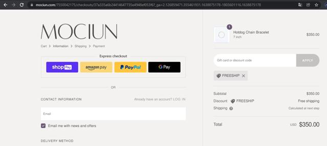 Mociun checkout page showing Mociun promo code box | Screenshot taken by SimplyCodes community member on Dec 7, 2021