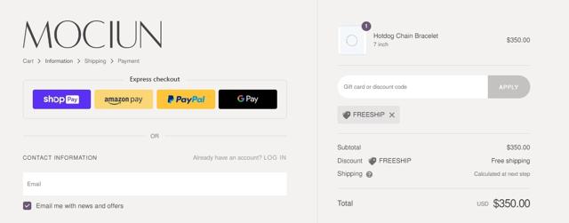 Mociun checkout page showing Mociun promo code box | Screenshot taken by SimplyCodes community member on Mar 7, 2022