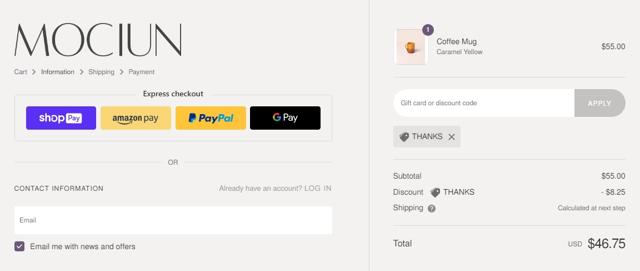 Mociun checkout page showing Mociun promo code box | Screenshot taken by SimplyCodes community member on May 6, 2022
