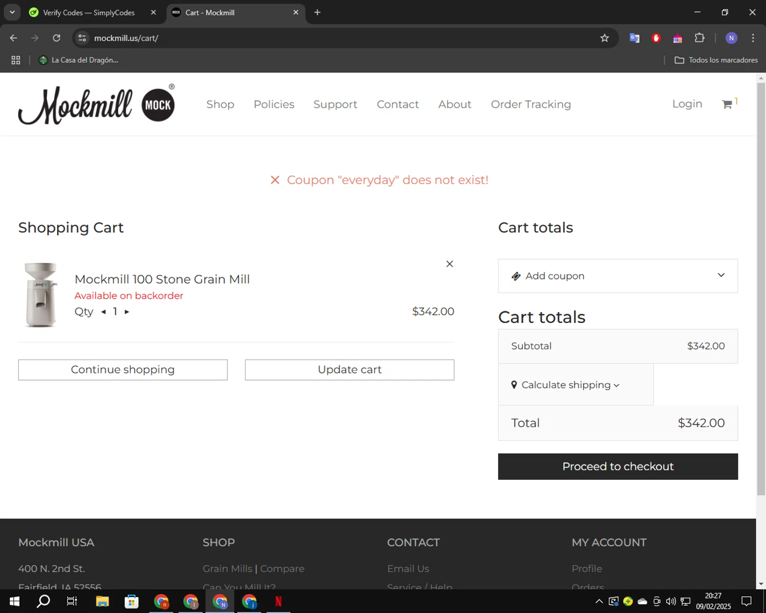 Mockmill coupon code screenshot showing code EVERYDAY applied at Mockmill checkout page. Uploaded by SimplyCodes community member RoyalGuardian2978 on Feb 10, 2025