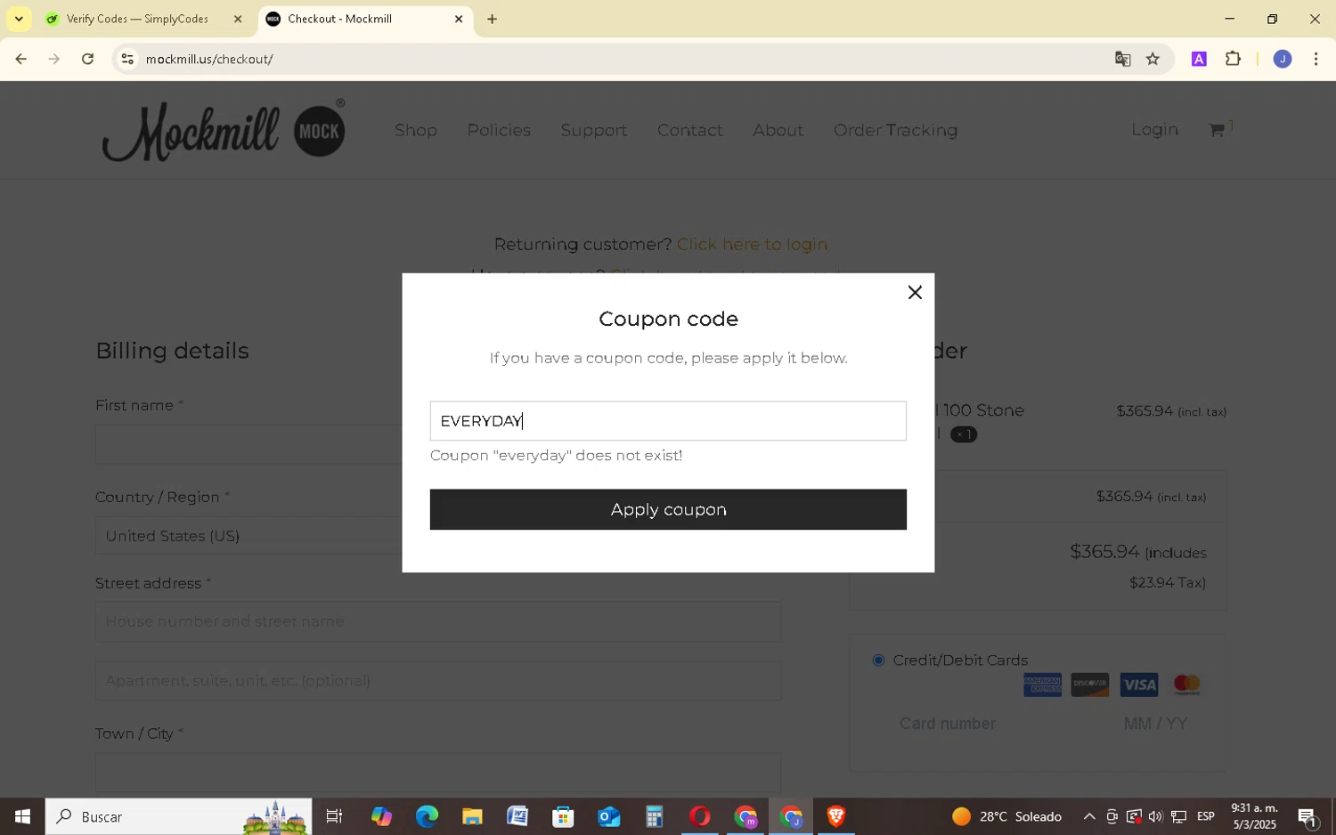 Mockmill coupon code screenshot showing code EVERYDAY applied at Mockmill checkout page. Uploaded by SimplyCodes community member EpicSage3474 on Mar 5, 2025