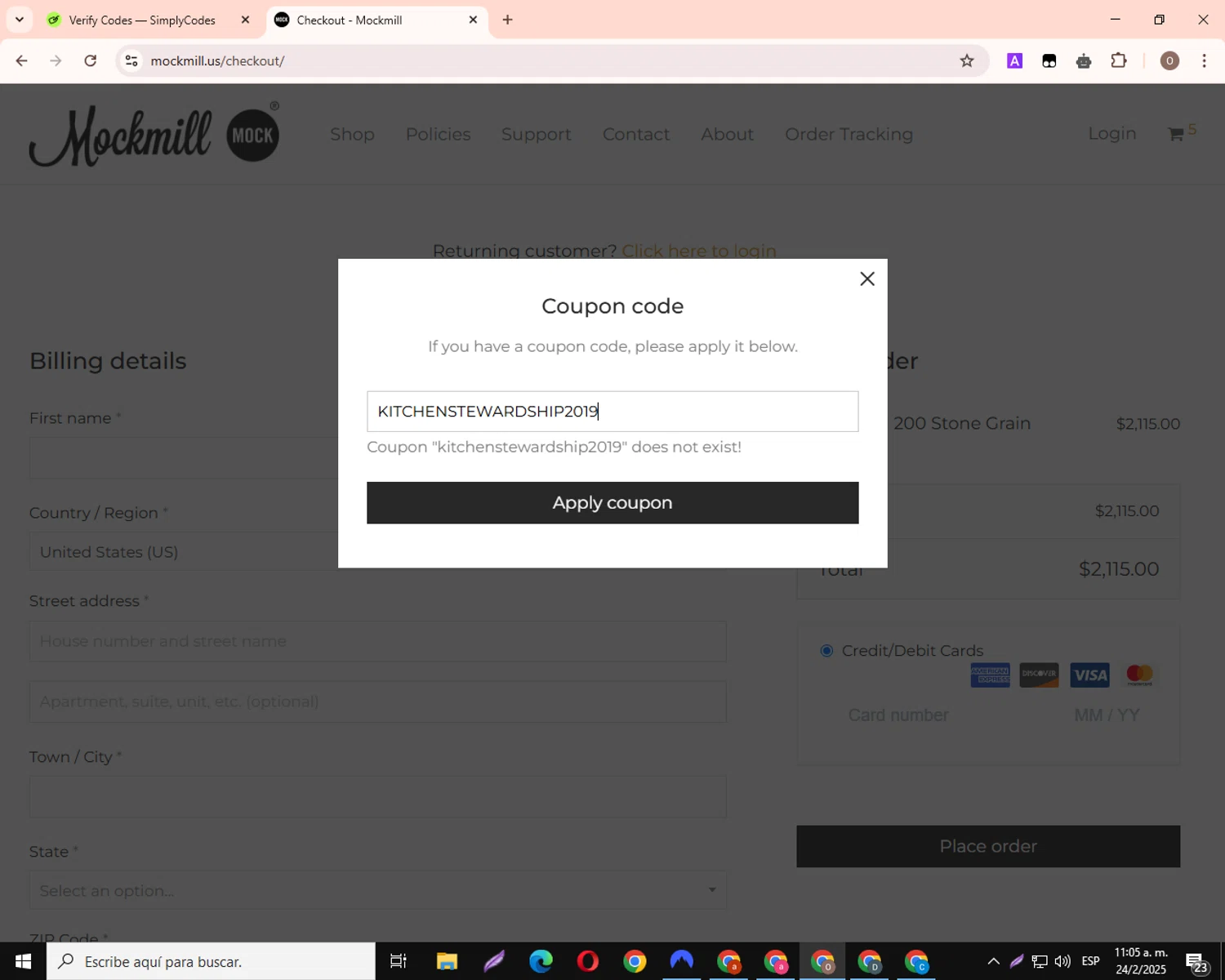 Mockmill coupon code screenshot showing code KITCHENSTEWARDSHIP2019 applied at Mockmill checkout page. Uploaded by SimplyCodes community member PromoHero8877 on Feb 24, 2025