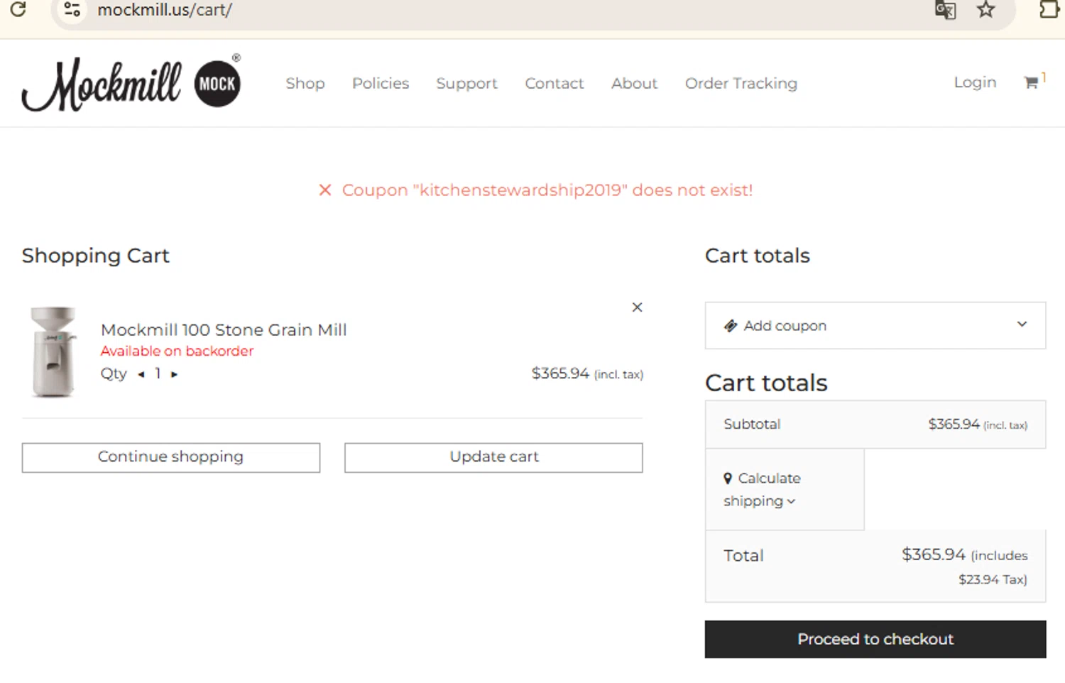 Mockmill coupon code screenshot showing code KITCHENSTEWARDSHIP2019 applied at Mockmill checkout page. Uploaded by SimplyCodes community member RewardFinder4836 on Mar 22, 2025
